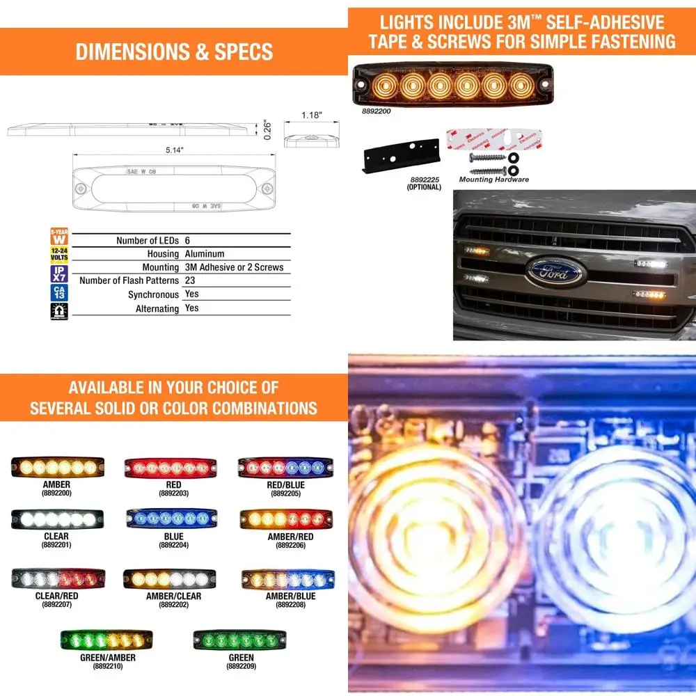 

Utility Vehicle Amber Blue LED Strobe Light - 6 LEDs, 23 Flash Patterns, Aluminum Housing