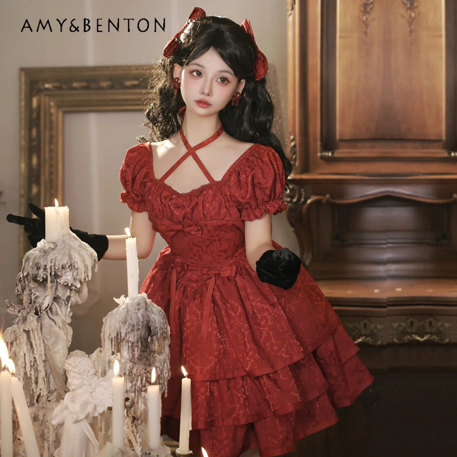 

Summer New Women's Red Halter Neck Short Sleeve Slim High Waist Short Puff Dress Black Party Daily Lolita Bow Dress