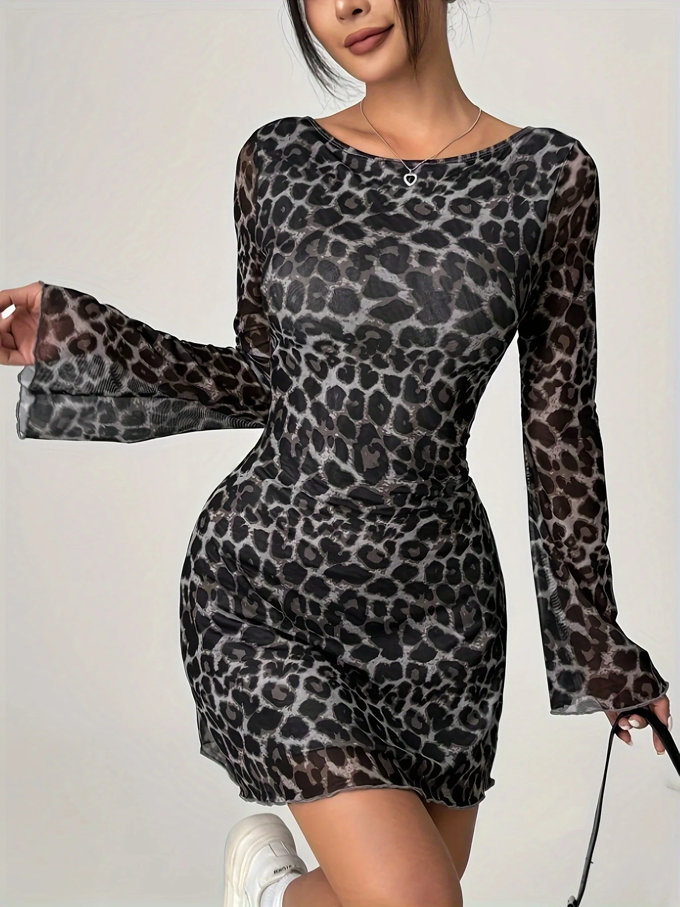 Grey leopard print long sleeved dress with printed backless flared sleeves U-shaped collar A-line skirt