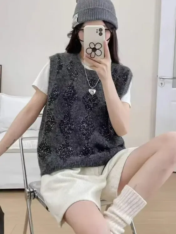 Dames gebreid kanten paneelvest rond Ne Svel Paillettenborduurwerk Warmte Bovenkleding Faion Commute Sle Thiened Loos...