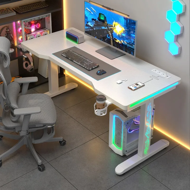 Stylish Gaming Desk Home Computer Table Steel Frame Wood Top with RGB LED Strip Office Furniture