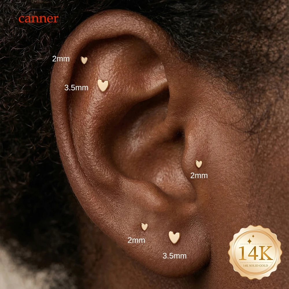 

CANNER 1PC 14K Solid Gold Smooth Love Hypoallergenic G23 Titanium Piercing Flat Back Stud Earring Women Classic Ear Bone Gift