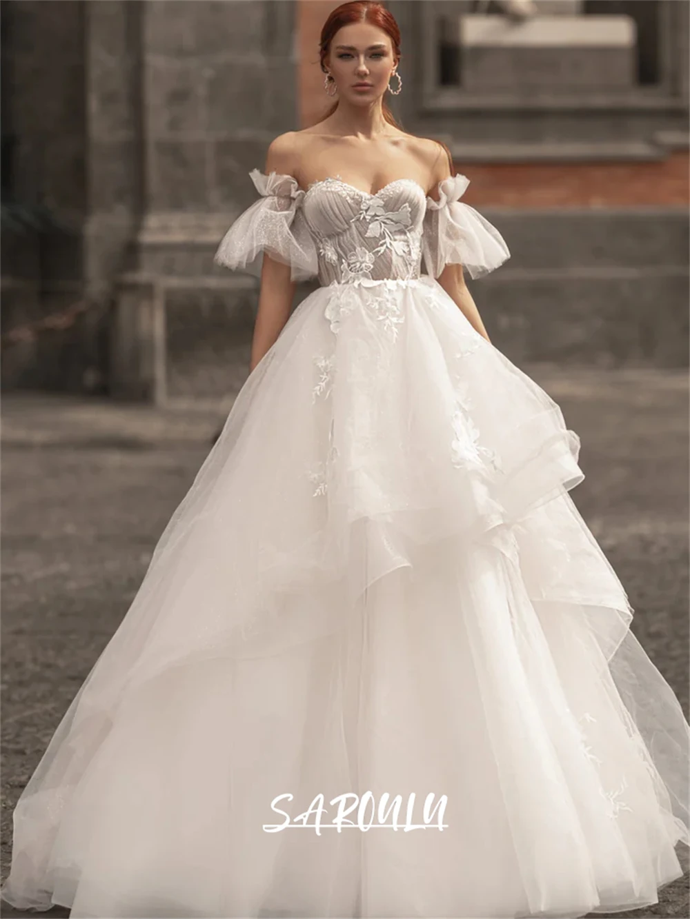 

Sweet Tulle Bride Dress with Flower Appliques, A Line Floor Length Wedding Dresses, Sweetheart Romantic Bridal Gown Customized