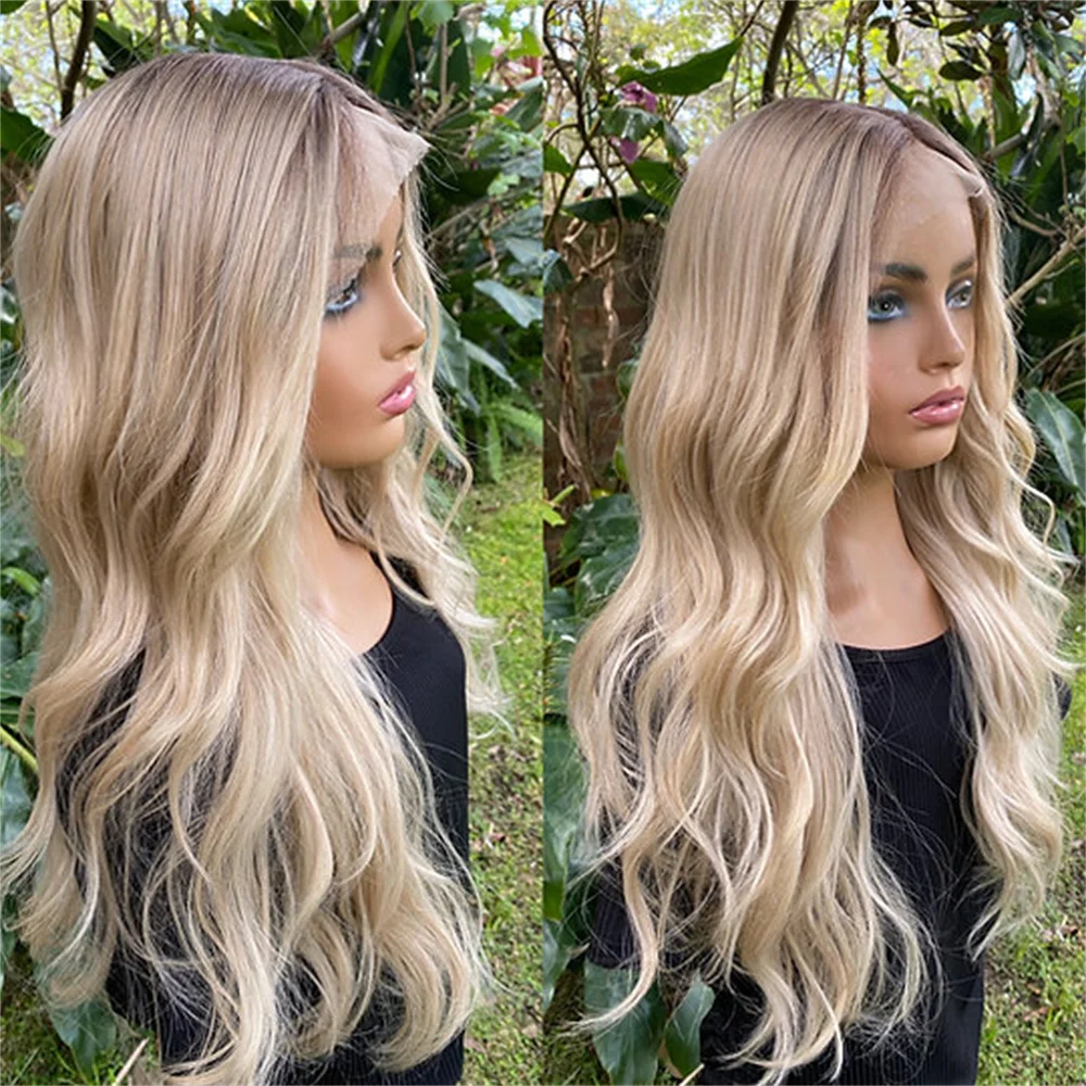 

Light Brown Root Beige BLONDE Wig Japanese heat friendly fibres Lace Front Wig Gorgeous Wave Look Like Human Hair for Women