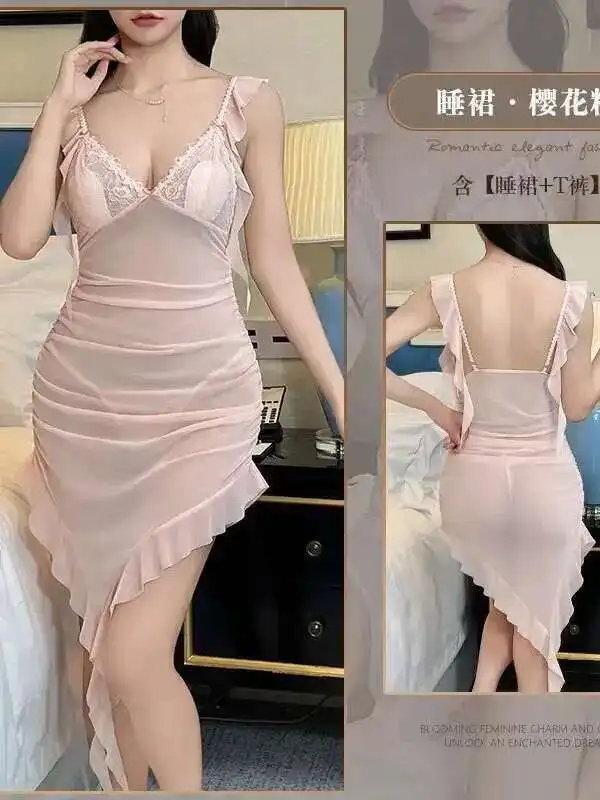 Kleid Elegant Sheer Sexy Pure Desire Nachthemd Falten Abnehmen Mesh Rückenfreies Design Mit Brust Pads Schlank Tank Kleid Tops Q2SS