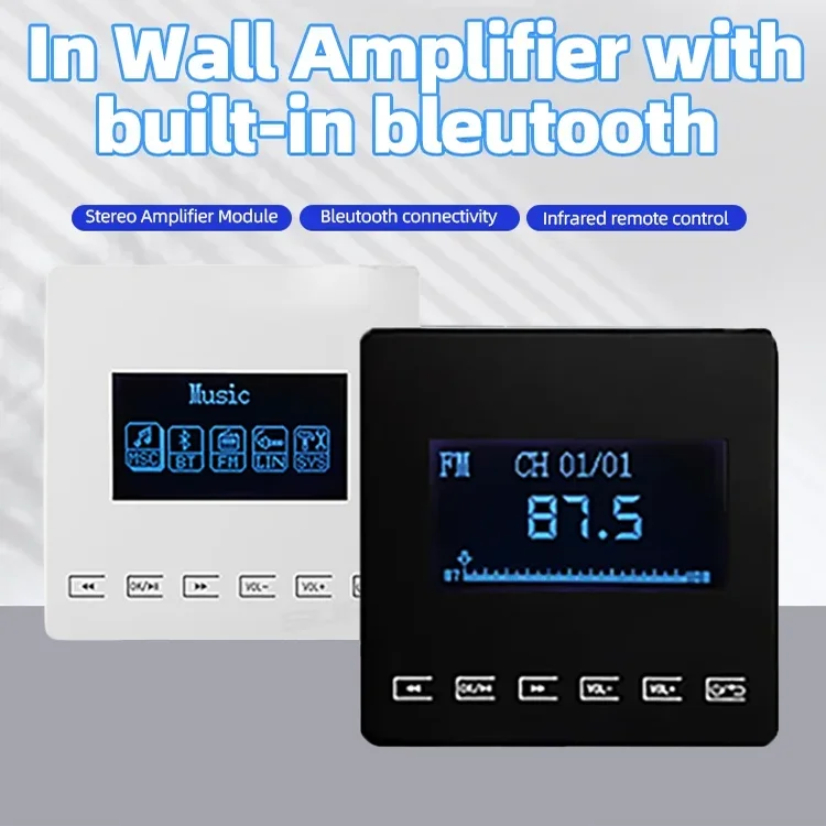 Mini Bluetooth Amplifier Wall Mount Music Player Touch Key FM Radio in Wall Audio System Ideal for Indoor Home Apartment Store