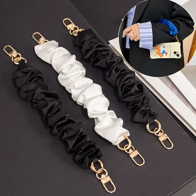 INS White Black Satin Mobile Phone Strap Wrist Strap Decor Belt Short Solid Color Mobile Phone Lanyard Bag Handle Bag Rope