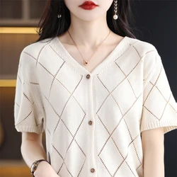 Summer new 100% cotton knitted cardigan women's short-sleeved jacket V-neck casual hollow bottoming shirt loose top