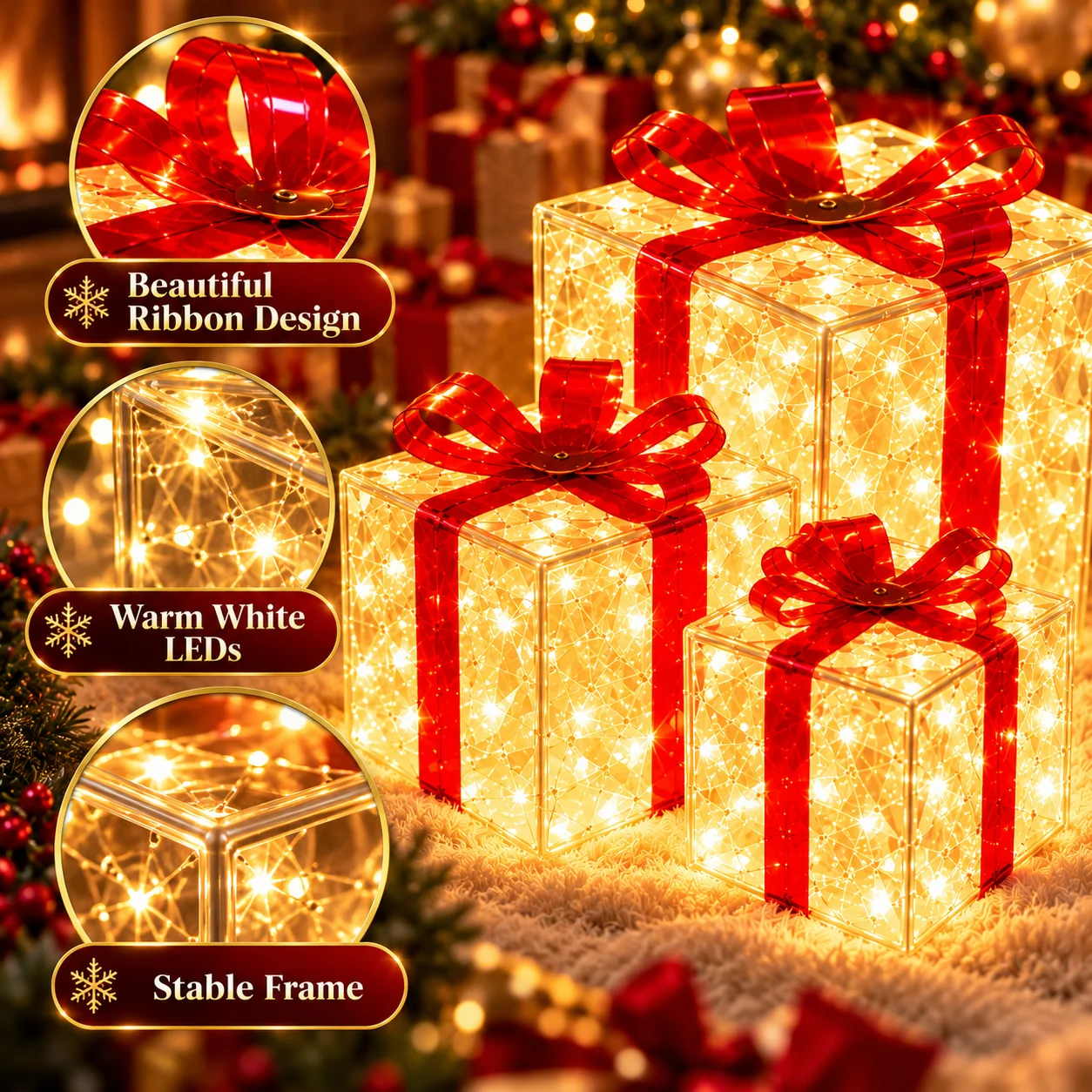 Christmas Lights USB LED Gift Box Lights 3PCS Lighted Present Boxes for Christmas Tree Fireplace Indoor Xmas Holiday Decorations