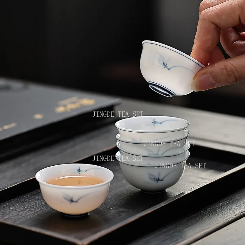 6pcs 30ml White Porcelain Tea Cup Chinese Style Orchid Small Capacity Tea Cup Ceramic Hand-painted Tea Cup Drinking Utensils