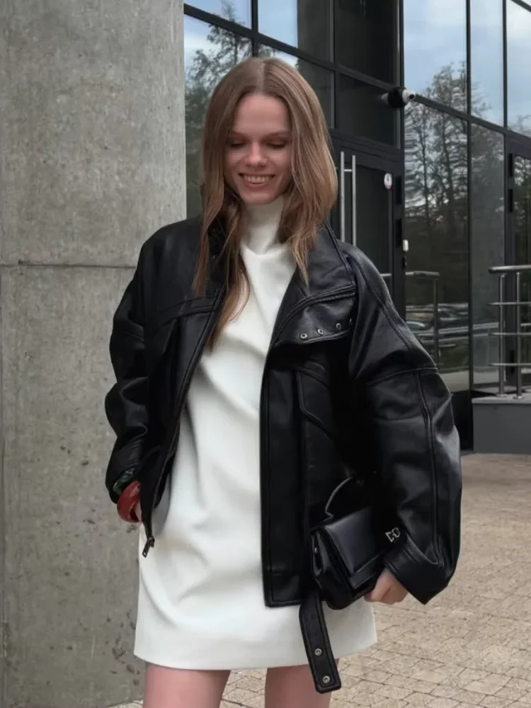 

Fashoin Black Pu Leather Jacket Women Retro Long Sleeve Lapel Zipper Short Coat 2025 Autumn Lady Chic Street Motorcycle Jackets