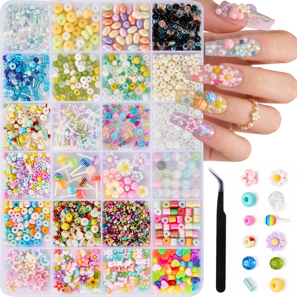 1Box Novelty Solid Color Bead Resin Nail Charms Simulated Candy Bow Star Mixed Nail Art Decorations DIY Bracelet Pendant Crafts