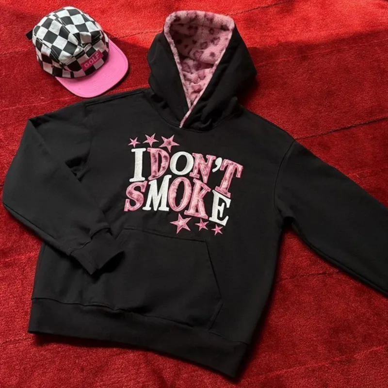 ​ ​ سويت شيرت نسائي بغطاء للرأس مطرز باللون الأسود العتيق مع بطانة على شكل الفهد الوردي، ملابس غير رسمية للشارع ​ ​ ق