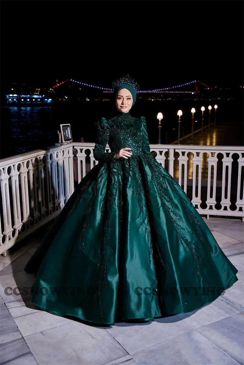 Gaun Malam Bermanik Satin Gaun Prom Lengan Panjang Gaun Pesta Formal Dubai Arab Islam Leher Tinggi Gaun Hijab Robe De Soiree