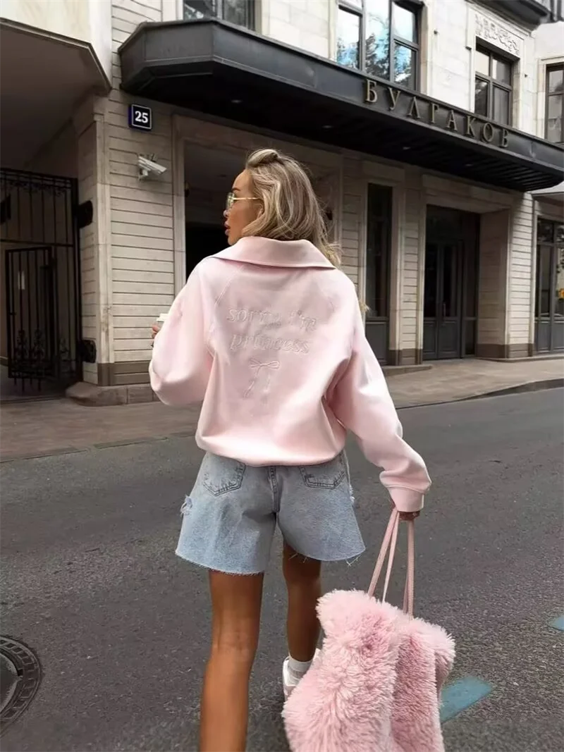 Fashion Women Pink Sweatshirt American Vintage  Pullover Top 2025 New Loose Half Zip Letter Embroidery Outwear