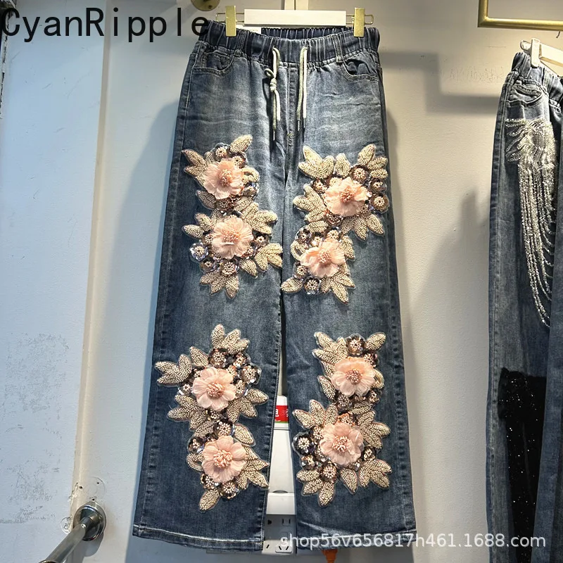 Three-dimensional Flowers Beading Loose Female Jeans Trendy New Spring Summer All-match Elastic Waist Wide Leg Denim Trousers