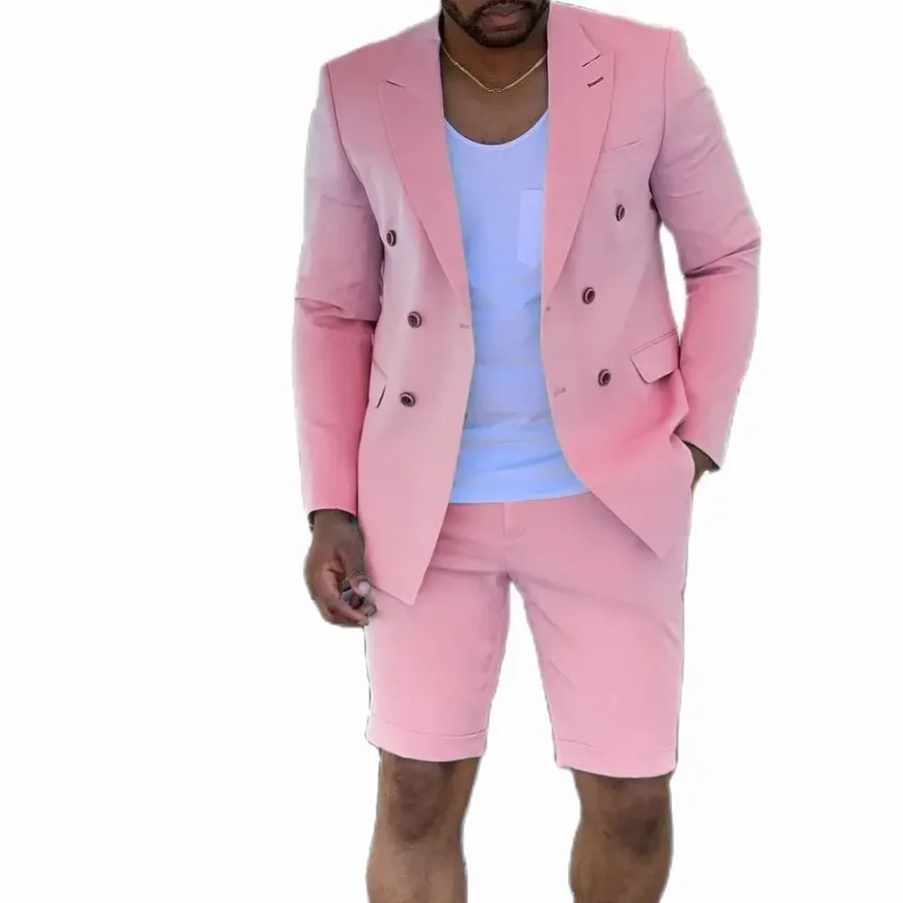 

Pink Men's Suits 2 Piecs Jacket Short Pants Double Breasted Peak Lapel Casual Business Dinner Party Suits