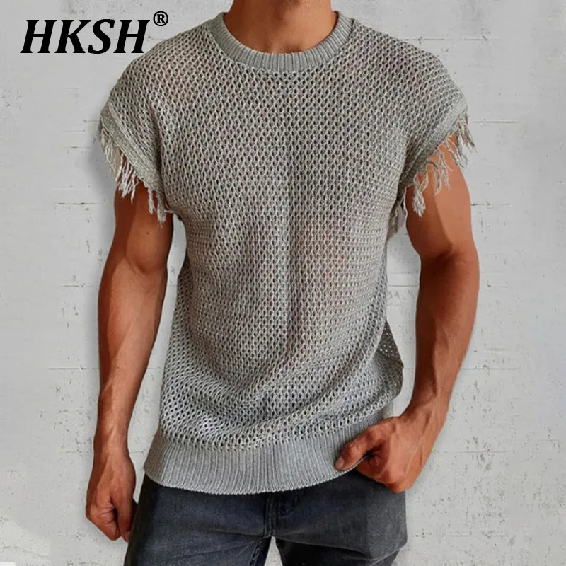 HKSH Summer New Men's Tide Chic European Size Tassel Sexy Transparent Hollow Out Sleeveless Tank Tops Fashion Mesh Vest HK0528