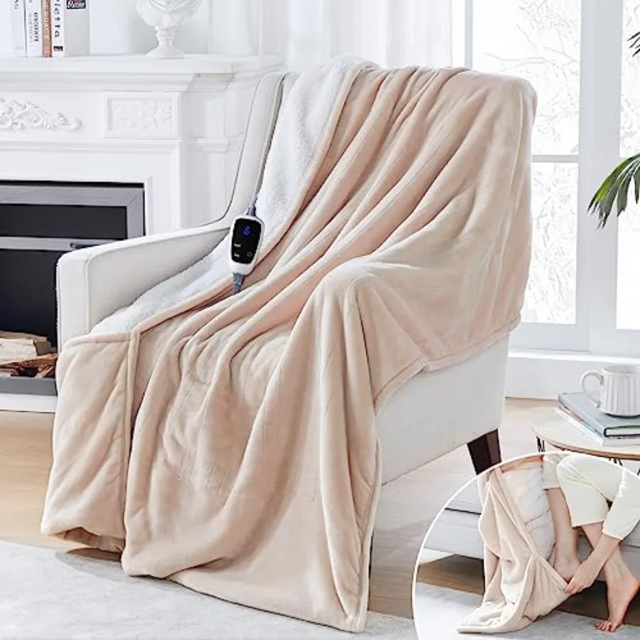 

Electric Blanket with Foot Pocket for Adults Flannel and Sherpa Heated Blanket Throw with 6 Heating Levels and 2-10 Hours Auto