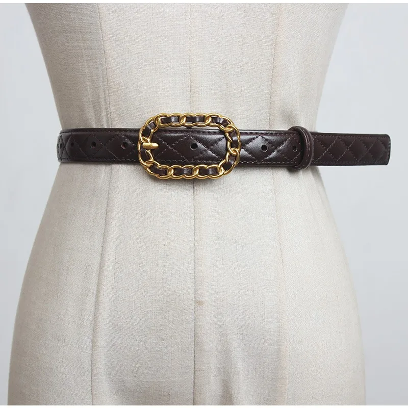2.4cm Woman Retro Chain Needle Buckle Quilted Pressed Thread Genuine Leather Narrow Belt Jeans Skirts Casual Cowhide Waist Belts
