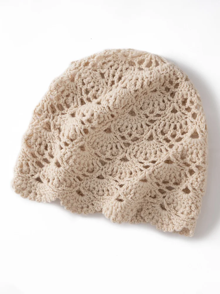 

MEETCC Women 100% Cashmere Hat Hollow Out Crochet Fashion Elegant Cozy Lightweight Headwear Chic Knitted Knitwear Soft Warm Cap
