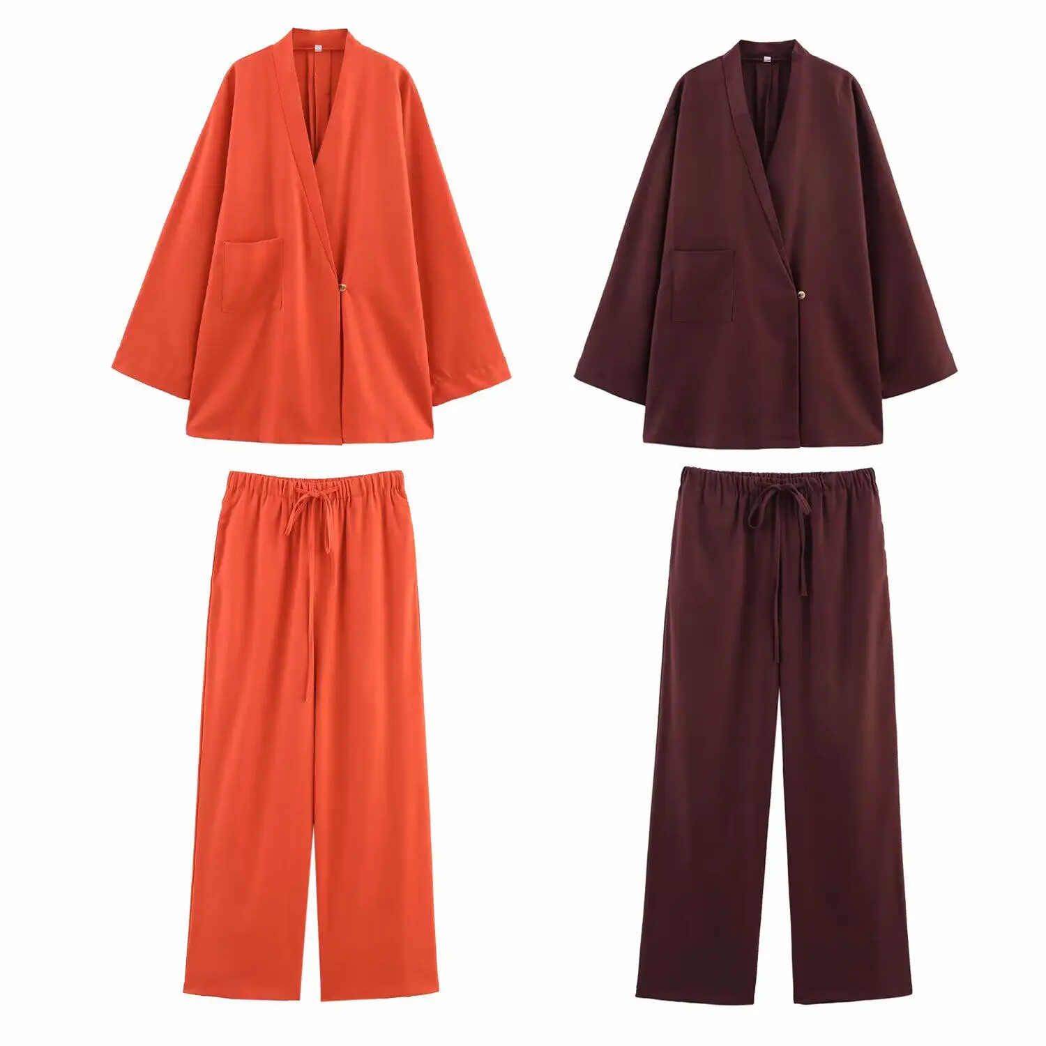 

SuperAen New Women's Clothing European and American Style Two-color V-neck Jacket Elastic Waist Wide-leg Trousers Set