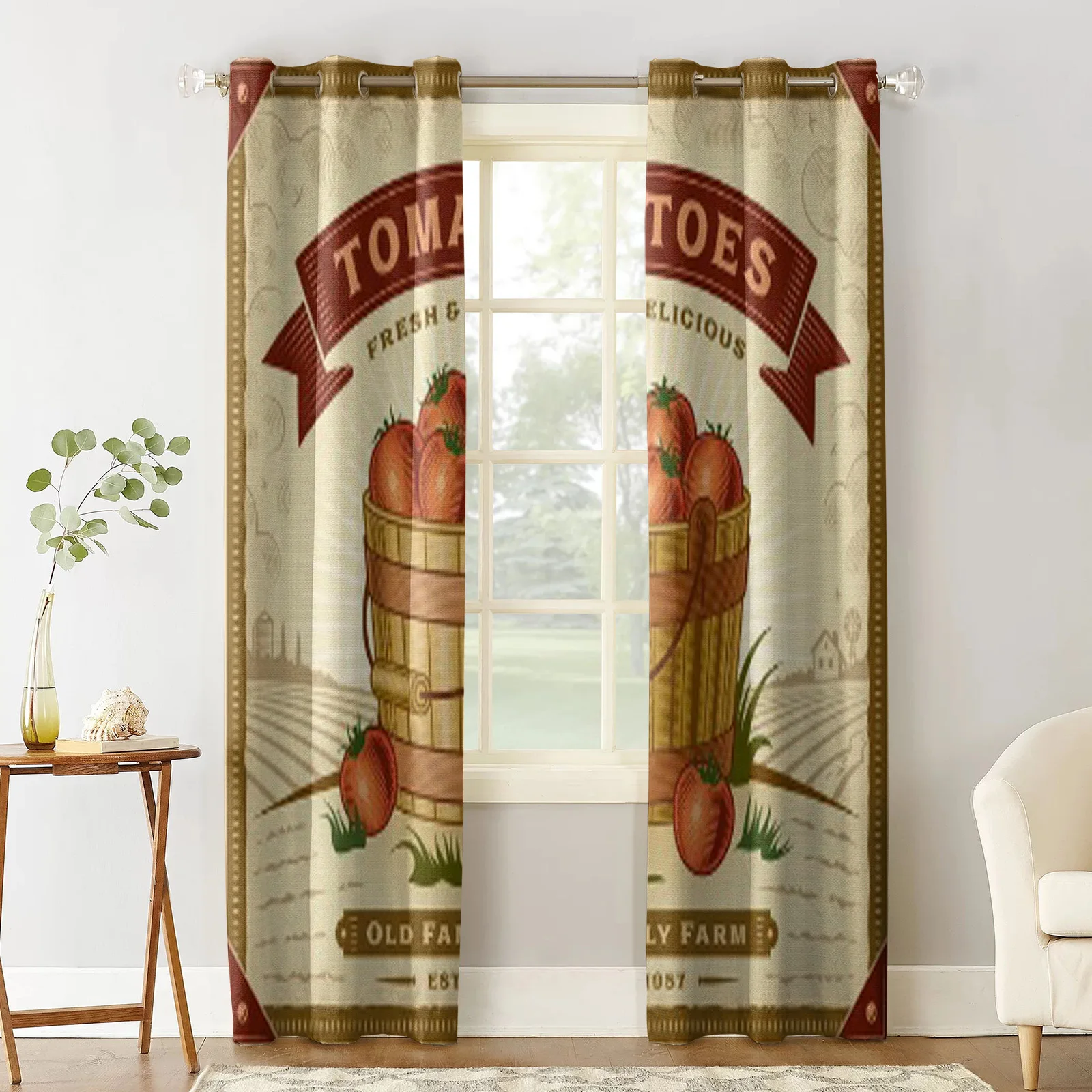 Retro Tomato Harvest Label With Landscape Curtains For Living Room Decoration Window Blind Bedroom Kitchen Curtain For Home