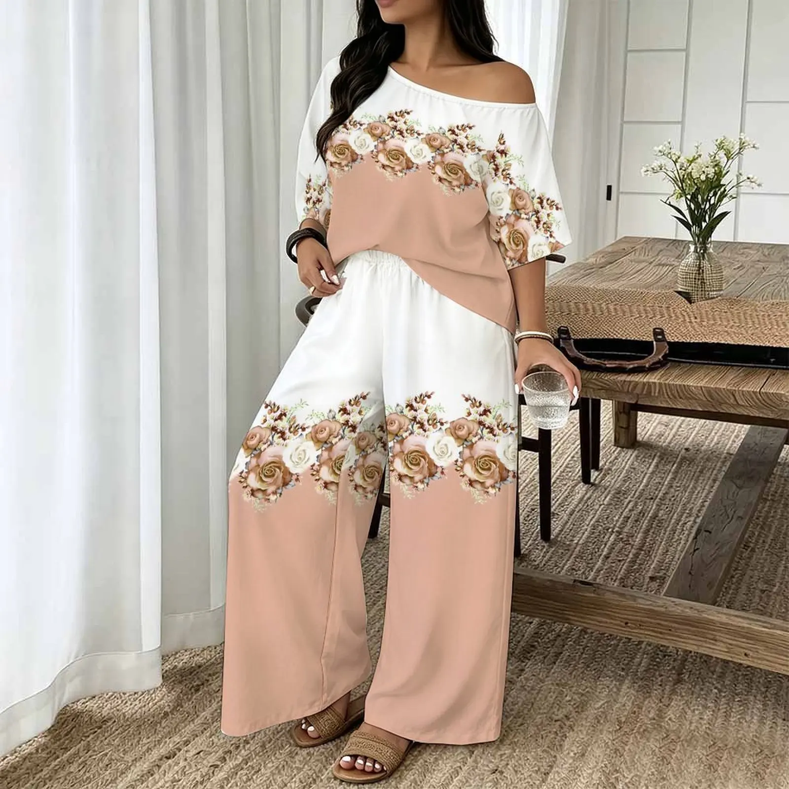 Plus Size Women Spring/summer Print Two Piece Set Street Vacation  Short Sleeved Fashion Retro Tops Everyday  Casual Long Pants