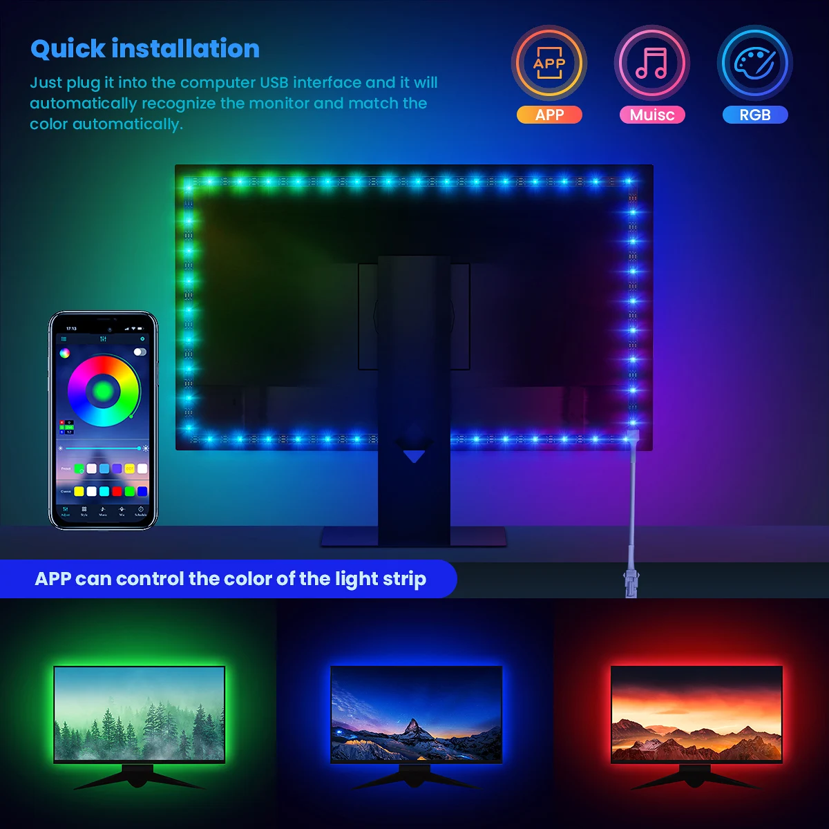 Immersive PC Background RGBIC LED Strips Monitor Screen Color ,USB Sync Box Compatible for Win PC, Ambient Lighting