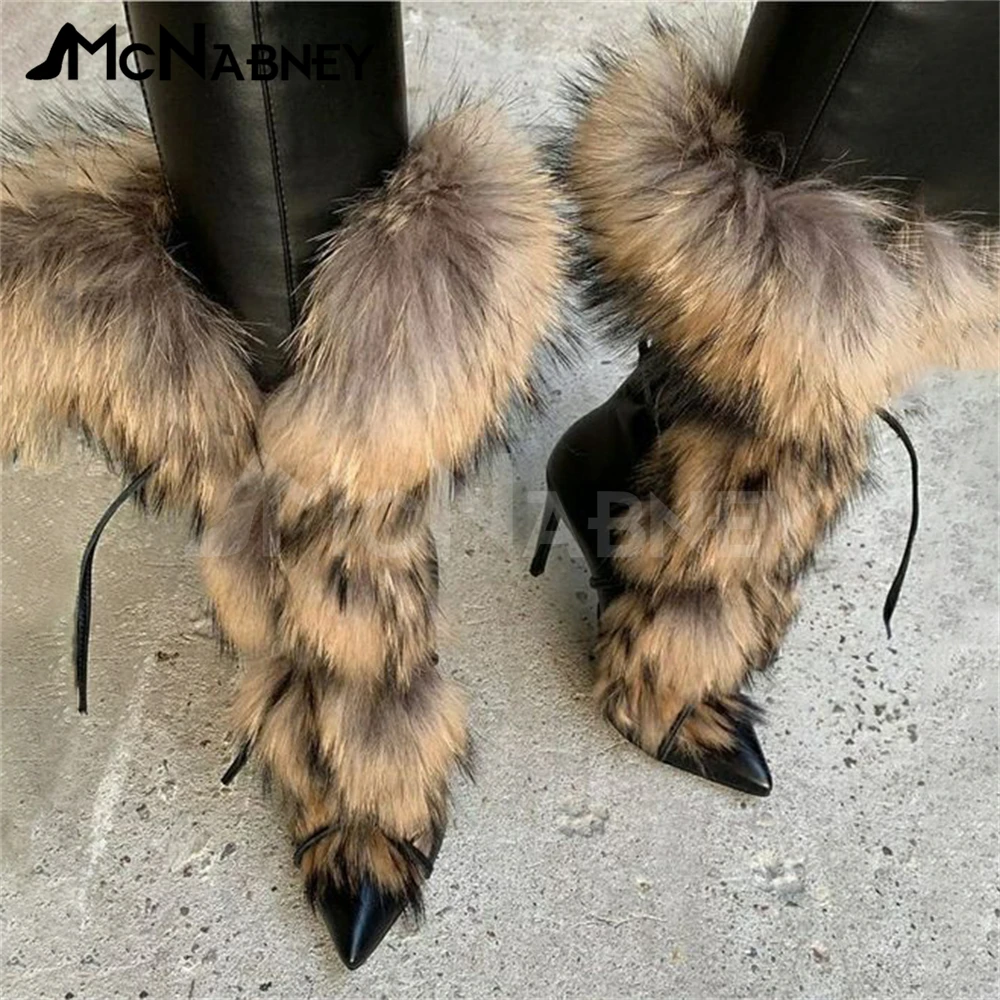 Pointed Fur Boots Luxurious Style Fashion Shoes Stiletto Shoes Sexy Winter Boots Women Warm Fake Fur Brown Suede Leather Boots