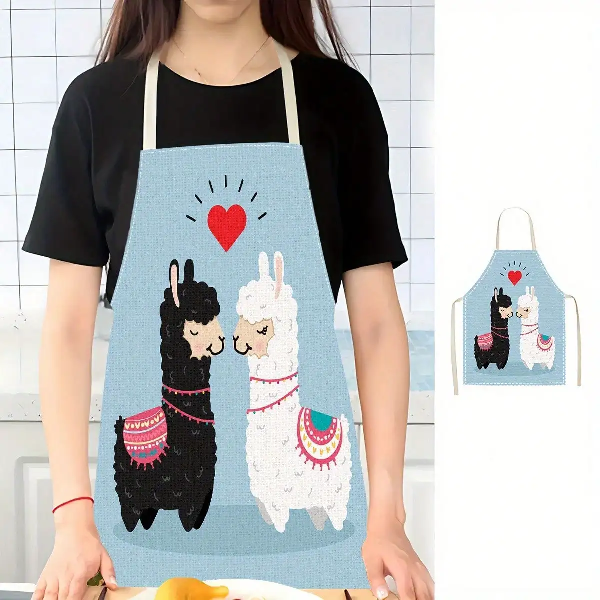 Llama Couple Apron, Funny Animal Cartoon Design, Cute Kitchen Cooking Bib, Farm Theme Chef Uniform, Gift for Animal Lovers