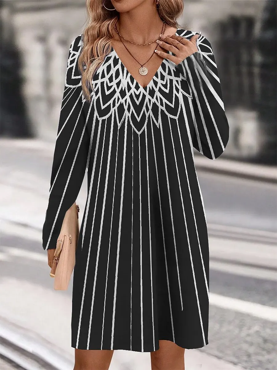 New Autumn Women V-Neck Loose A-Line Dress Fashion Gradient Striped Printed Long Sleeve Casual Party Elegant Dresses Plus Size
