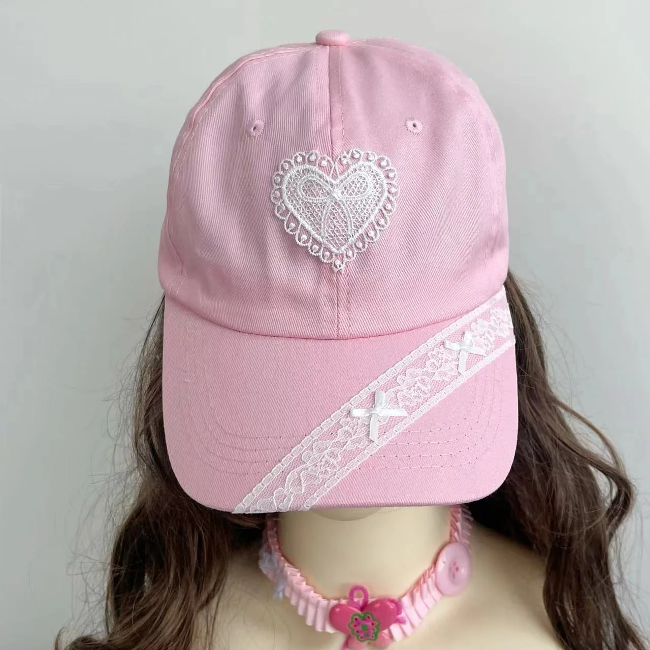 

Japanese Cool Sweet Yabi Y2k Blue Pink Baseball Cap Heart Lace Print Kawaii Y2K Lolita Casual Outdoor Subculture Sun Hat