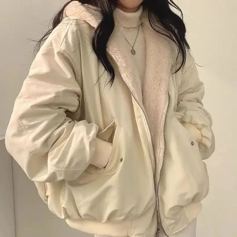 

Korean Style Fleece-lined Thickened Double-sided Wear Lamb Wool Cotton-padded Coat Women's Clothing Winter Loose-fit Hooded Top