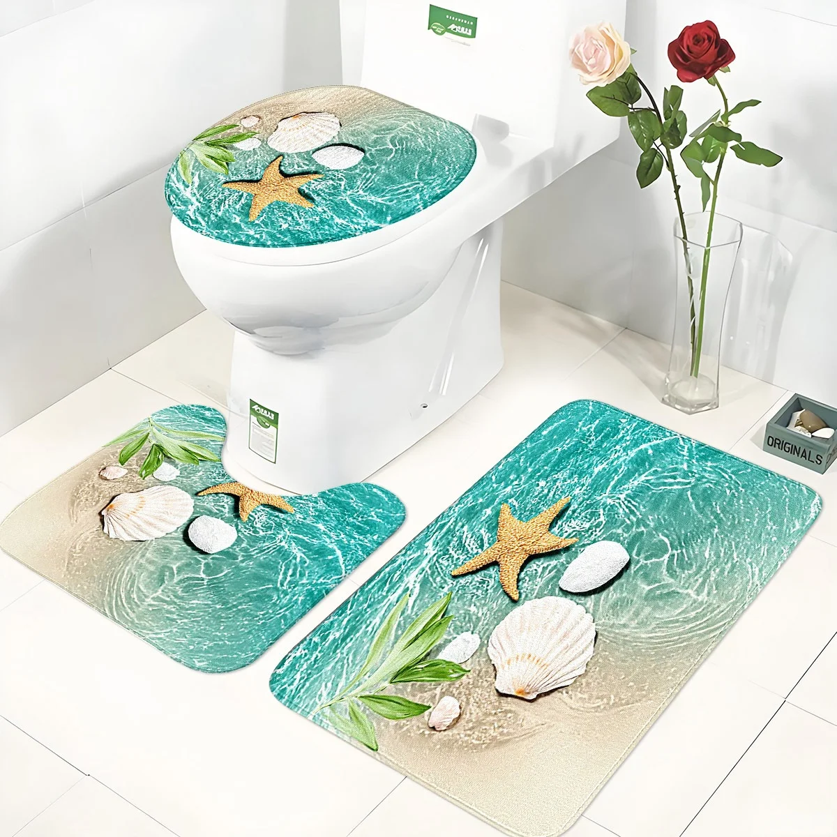 

Scallop Starfish Bathroom Floor Mat Set 3pcs Soft Absorbent Non-Slip Toilet Lid Cover U-Shaped Rug and Rectangular Bath Mat