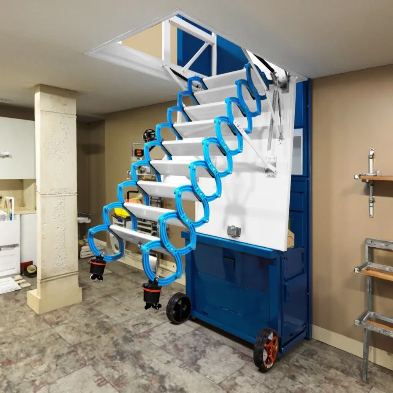 Customized Modern Design Indoor Folding Electric Attic Stairs with Handrail Collapsible Telescopic Ladder Steel Material