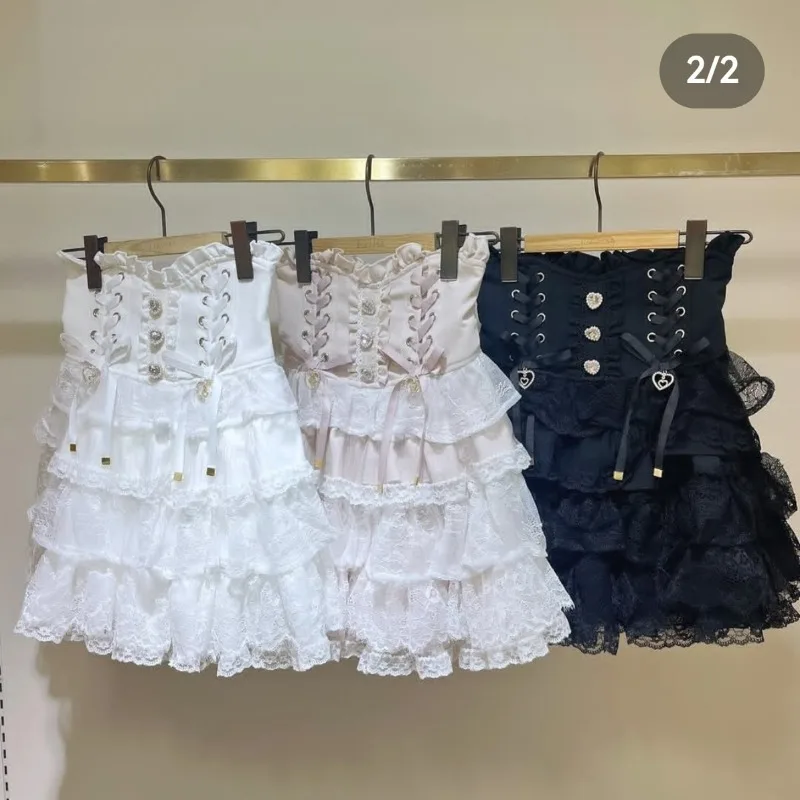 Mehrlagiger Mini-Kuchenrock im japanischen Rojita-Stil, drei Farben erhältlich, beliebte Damenkleidung, hoch taillierte Schnürröcke mit Knöpfen