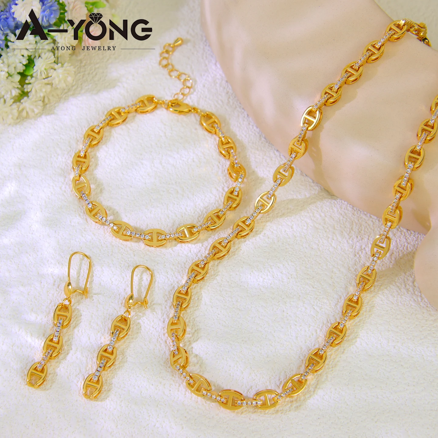 Fashion Arab Gold Color Jewelry Set 21k Gold Plated Luxury Zircon Italian Brazilian Elegant Women's Necklace Bracelet Earrings