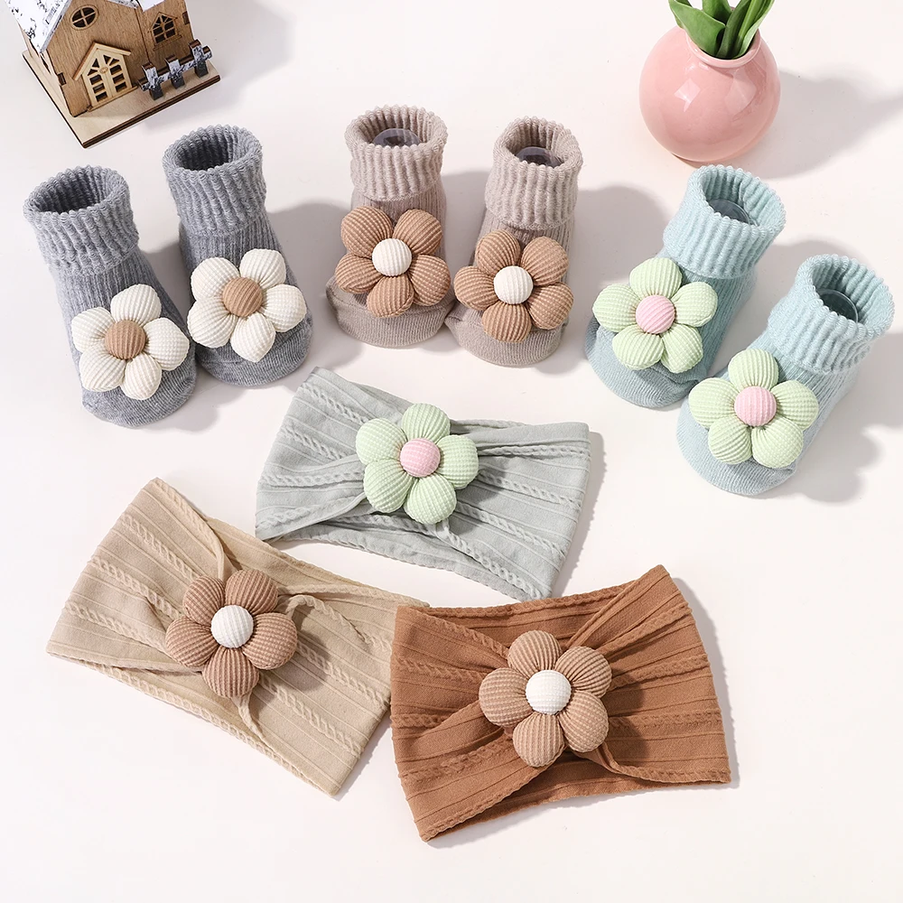 

2Pcs Flower Baby Headband Socks Set Soft Nylon Hairband for Newborn Girl Elastic Floral Turban Short Sock Infant Headwear