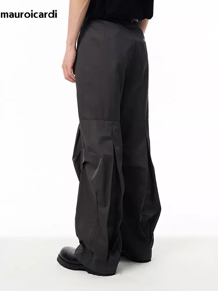 Mauroicardi Autumn Cool Loose Casual Pleated Wide Leg Baggy Pants for Mens Luxury Designer Streetwear Floor Length Trousers 2023