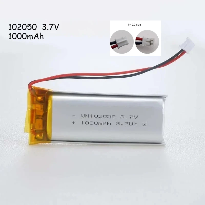 3.7V 1000mAh 102050 Li-Po Battery Rechargeable Polymer Lithium Battery for Bluetooth Speaker, Power Bank, DIY Electronics
