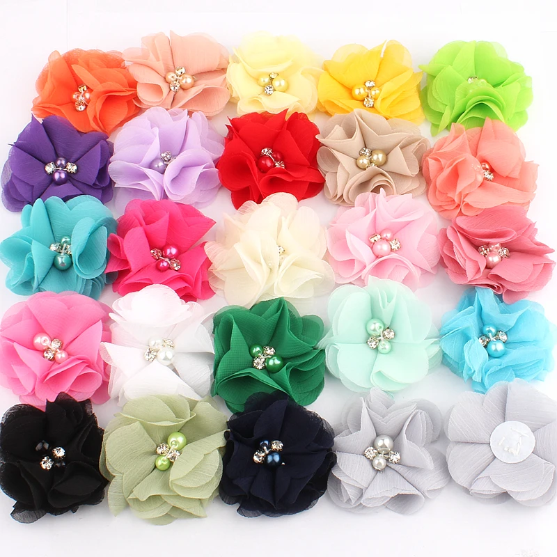 10 sztuk 2 "35 kolorów śliczne eleganckie kwiaty szyfonowe z Rhinestone perłowa tkanina kwiat do włosów z klipsami dla dziewczynek akcesoria do włosów