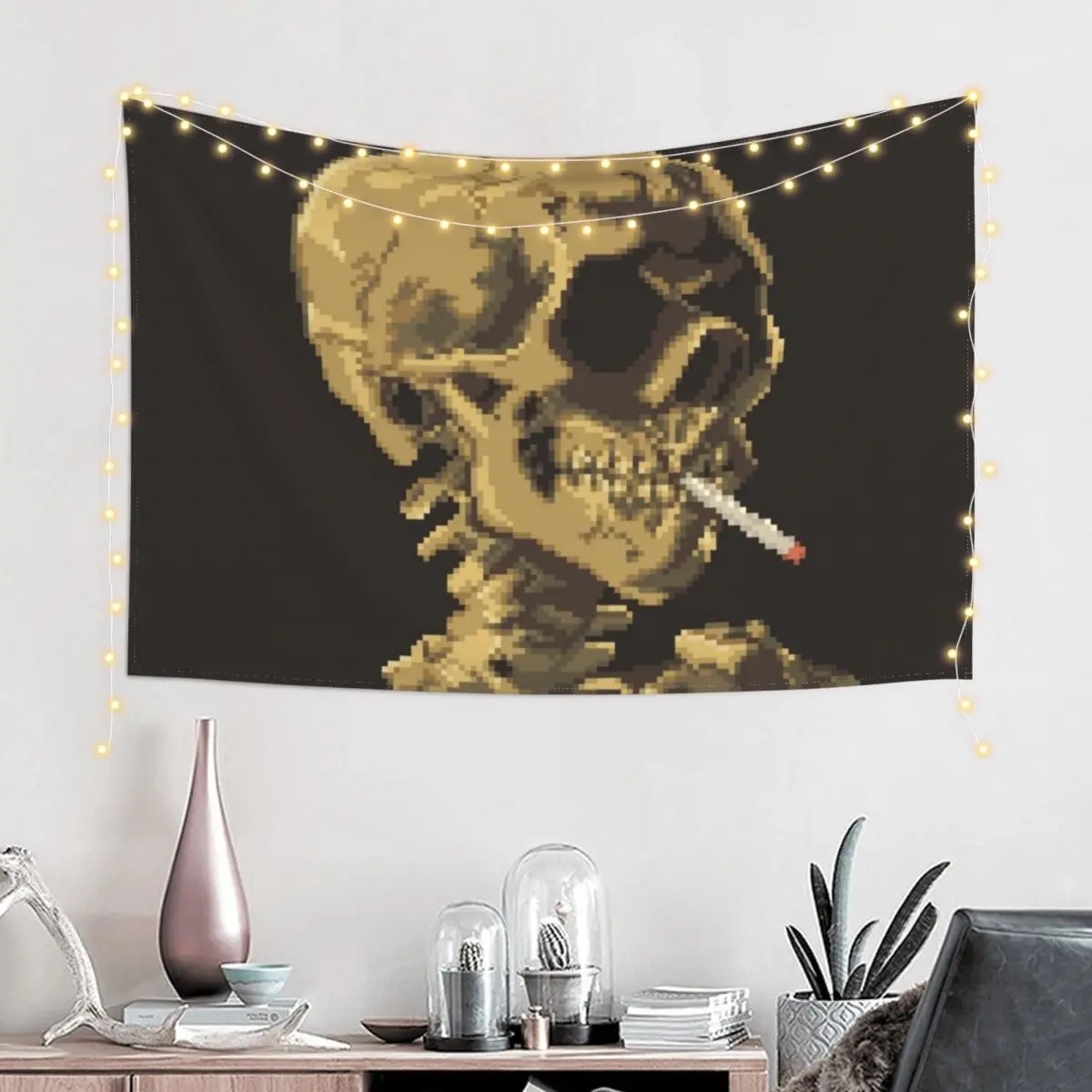 Van Gogh Pixel Art - Skull of a Skeleton with Burning Cigarette Tapestry Home Decorations Cute Room Things Tapestry