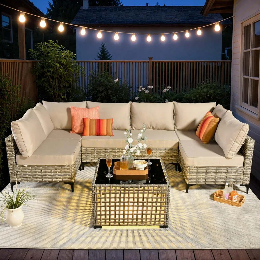 7 Piece Outdoor Patio Furniture with Glowing Coffee Table, Rattan Wicker Coversation Set with Sofa, Sectional Single Chairs