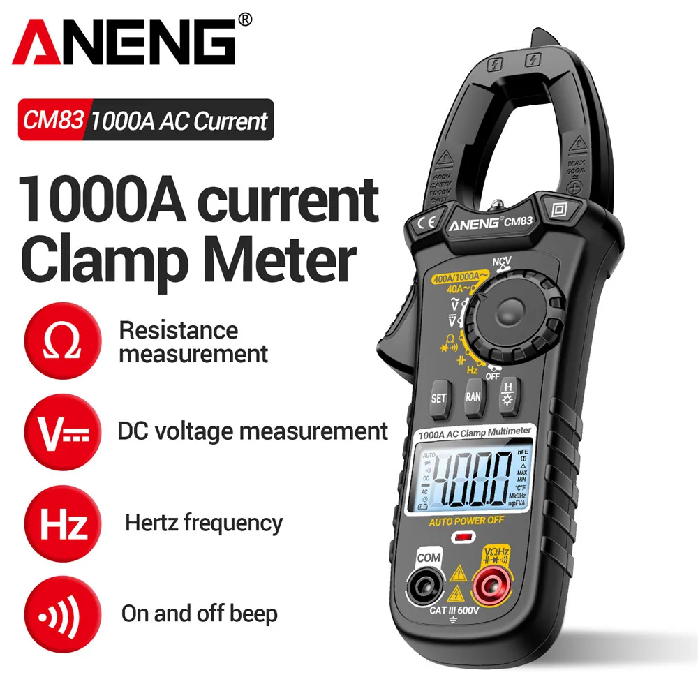 Aneng-digital Clamp Meter Corrente ac Capacitância 4000 Contagem Multímetro dc e ac Voltímetro Ncv Sense Ohmmeter Tester Ferramenta Cm83 1000a