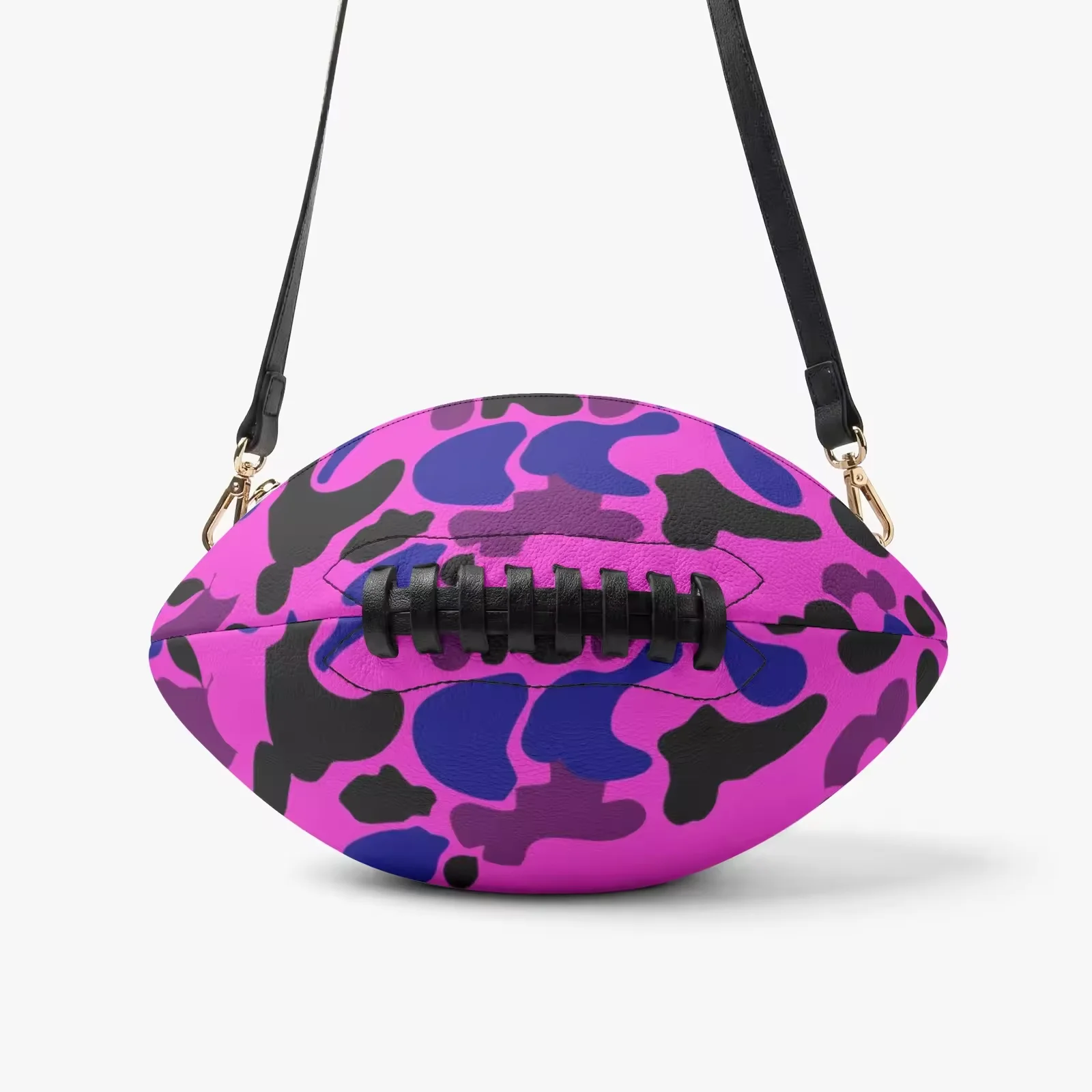 Custom PU Novelty Rugby Shoulder Purse Game Day Mini Handbag for Women daily use Fashion Neon Purple Camo American Crossbody Bag