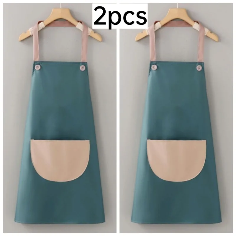 2pcs Wipeable Thick PVC Work Apron Button Strap Unisex Protective Cover For Bakery Milk Tea Shop Household Cooking
