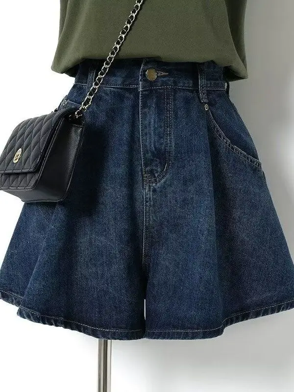 

High Waist Short Denim Skirt Women's Summer Thin Wide Leg A-Line Pleated Pants plus Size Fat MM Casual Fashionable