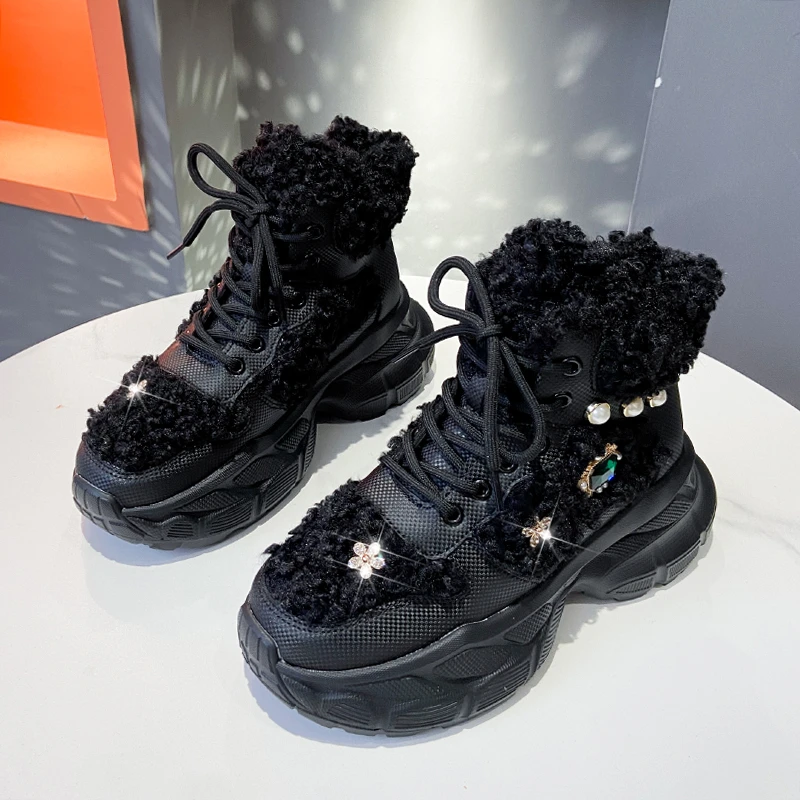 

Thickened Warm Booties Fashion Round Toe Lace-Up Velvet Platform Slip-Block Heel Cotton Shoes