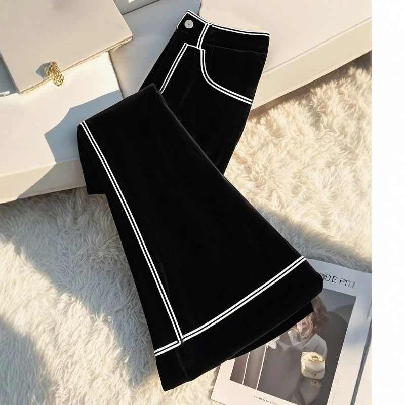 Black Velvet Pants, Winter High-end, Super Good-looking, Laid-back and Relaxed, High-waisted Straight-leg Slimming Long Pants